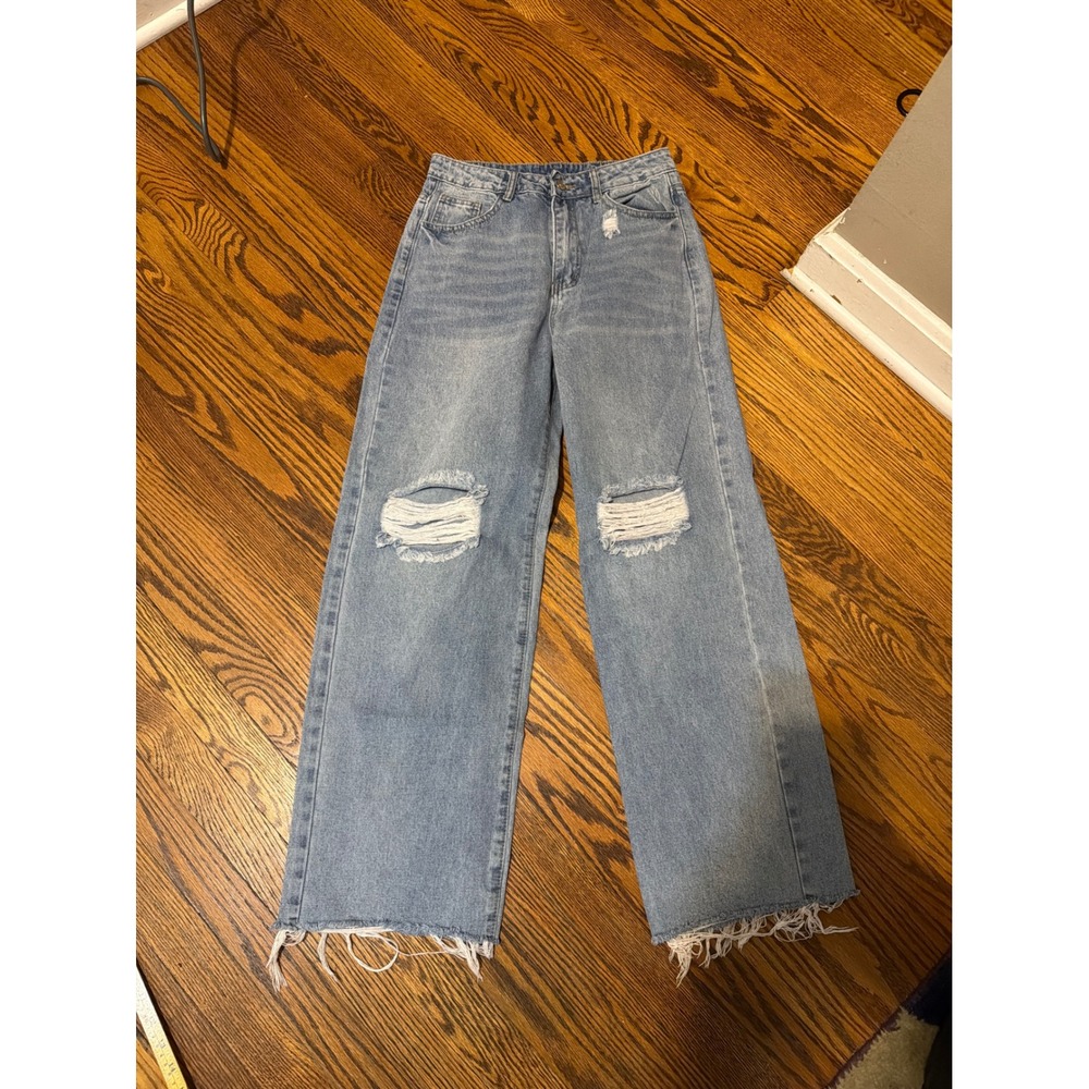 SHEIN Light Wash Distressed Wide Leg Jeans Raw Hem Size 6 M